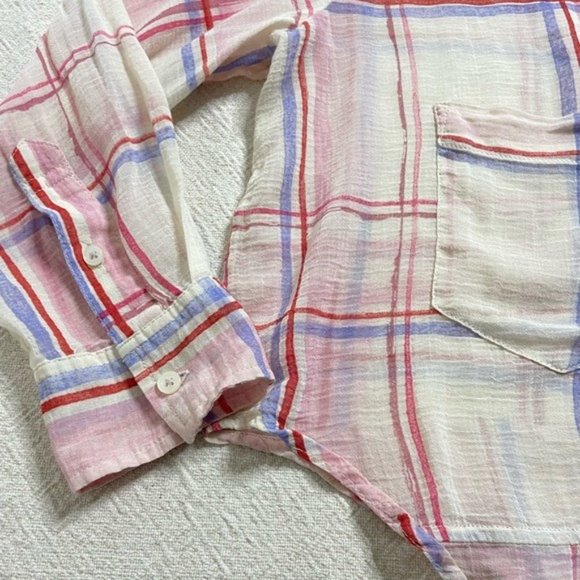 Anthropologie‎ Western Cream Pink Plaid Oversized Crop Button Down Shirt Top XS - Picture 2 of 5